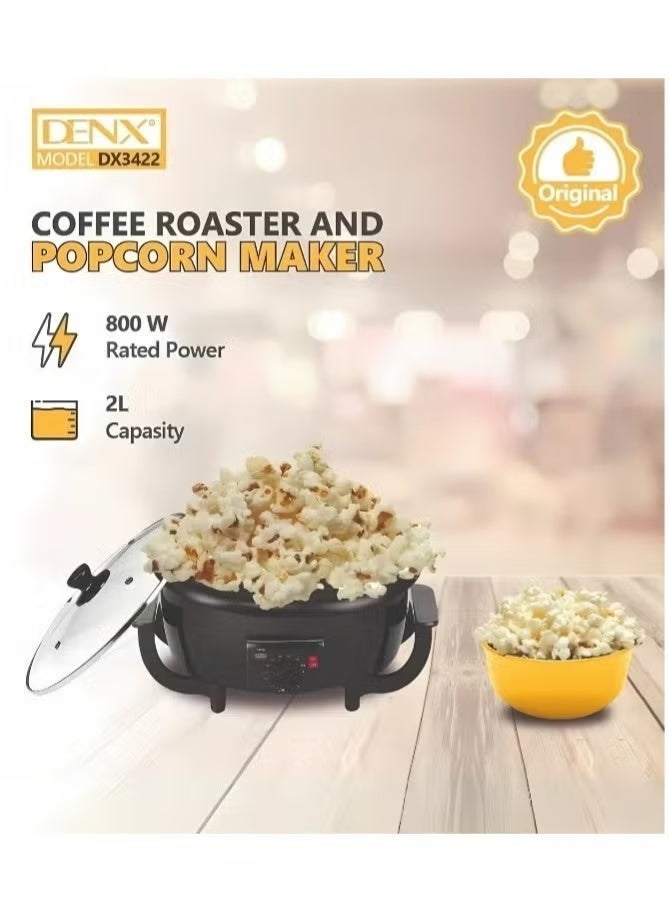 Denx Electric Coffee Bean Roaster & Popcorn Maker 800W with Adjustable Heat, Non-Stick Bowl, Blue Indicator Light, Cool-Touch Exterior, Glass Lid, 2L Large Capacity – White - Image 2